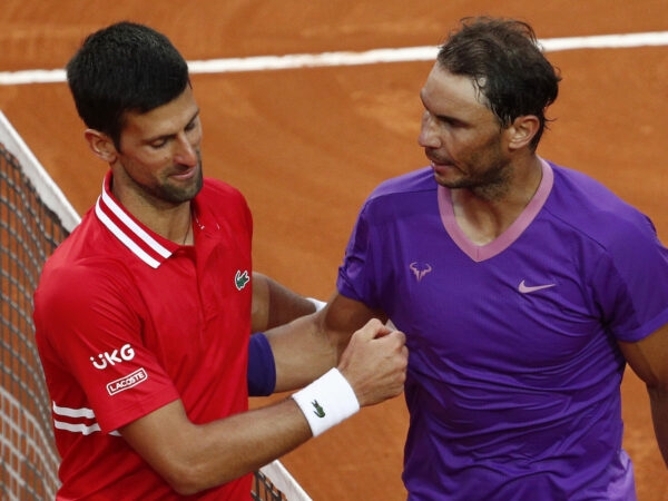 Spain's Rafael Nadal shakes hands with Serbia's Novak Djokovic