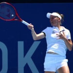 Fiona Ferro in action during her first round match against Anastasija Sevastova