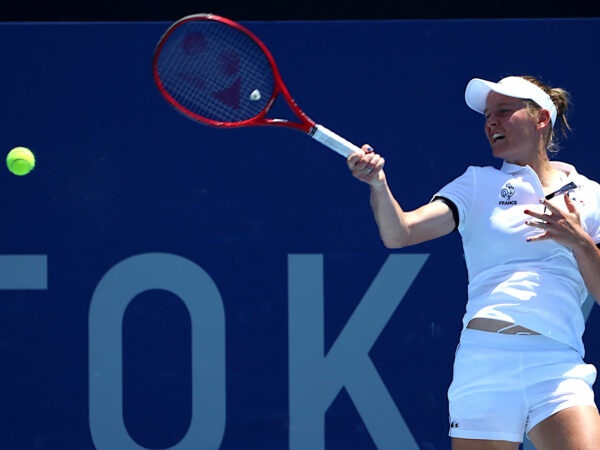 Fiona Ferro in action during her first round match against Anastasija Sevastova