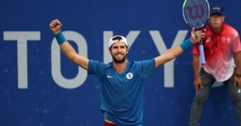 Ariake Tennis Park - Tokyo, Japan - July 29, 2021. Karen Khachanov of the Russian Olympic Committee at the Tokyo Olympics