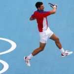 Novak Djokovic of Serbia in action during the Olympics, Tokyo