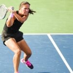 Daria Kasatkina (RUS) returns the ball during the first round WTA National Bank Open match on August 10, 2021 at IGA Stadium in Montreal, QC