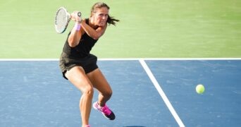 Daria Kasatkina (RUS) returns the ball during the first round WTA National Bank Open match on August 10, 2021 at IGA Stadium in Montreal, QC