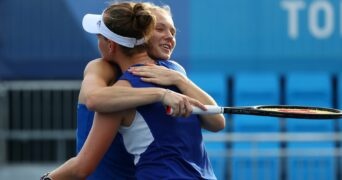 Ariake Tennis Park - Tokyo, Japan - July 29, 2021. Barbora Krejcikova of Czech Republic and Katerina Siniakova of Czech Republic at the Tokyo Olympics