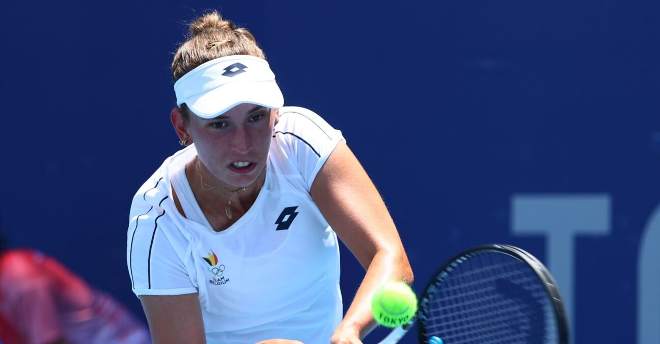 Caption: Tokyo 2020 Olympics - Tennis - Women's Singles - Round 1 - Ariake Tennis Park - Tokyo, Japan - July 25, 2021. Elise Mertens of Belgium in action