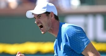 Andy Murray (GBR) reacts after winning a point during his second round match against Carlos Alcaraz (ESP) in the BNP Paribas Open at the Indian Wells Tennis Garden.