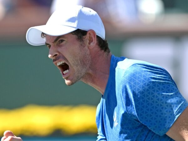 Andy Murray (GBR) reacts after winning a point during his second round match against Carlos Alcaraz (ESP) in the BNP Paribas Open at the Indian Wells Tennis Garden.