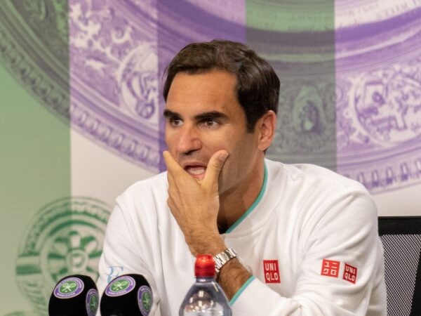 Roger Federer during a press conference after losing his quarter final match against Poland's Hubert Hurkacz at Wimbledon