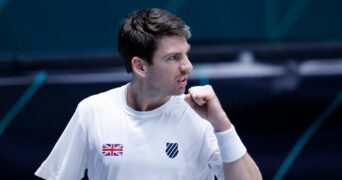 Britain's Cameron Norrie reacts during his match against France's Arthur Rinderknech in the Davis Cup