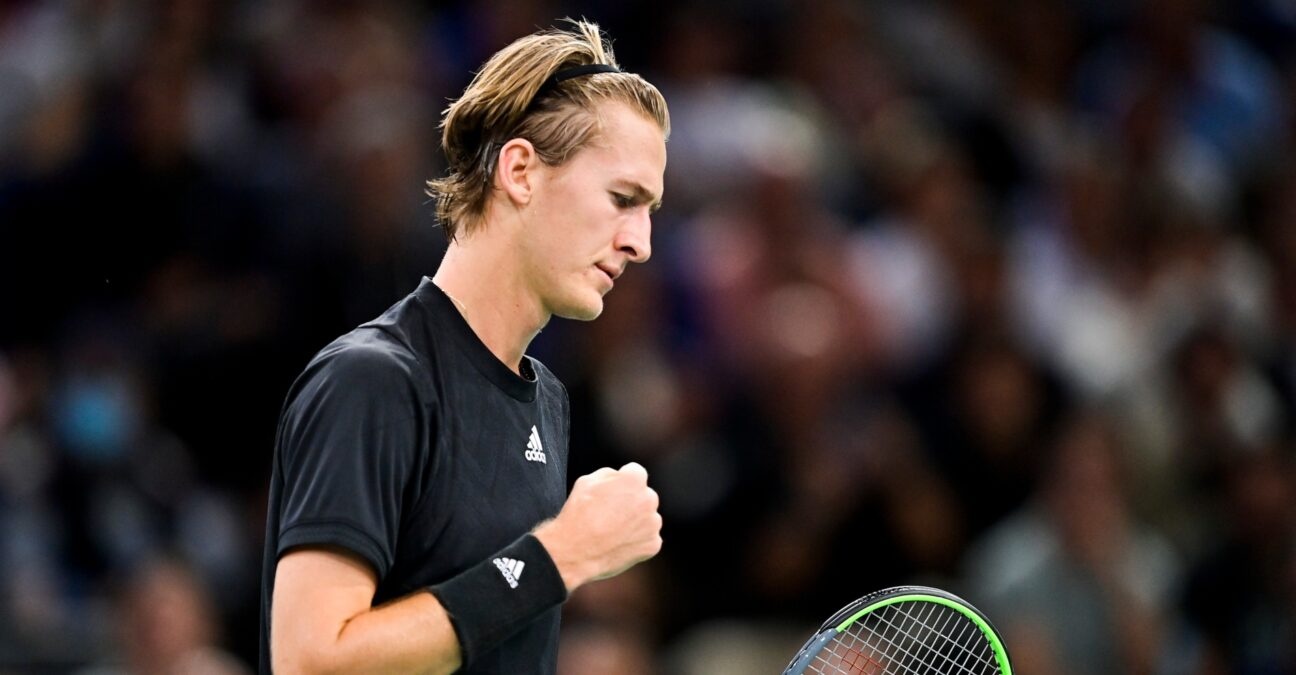 Sebastian Korda pumped his fist during a match at the Rolex Paris Masters in 2021
