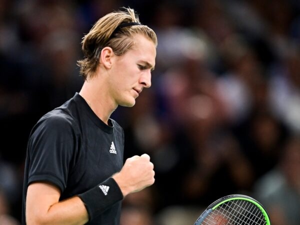 Sebastian Korda pumped his fist during a match at the Rolex Paris Masters in 2021