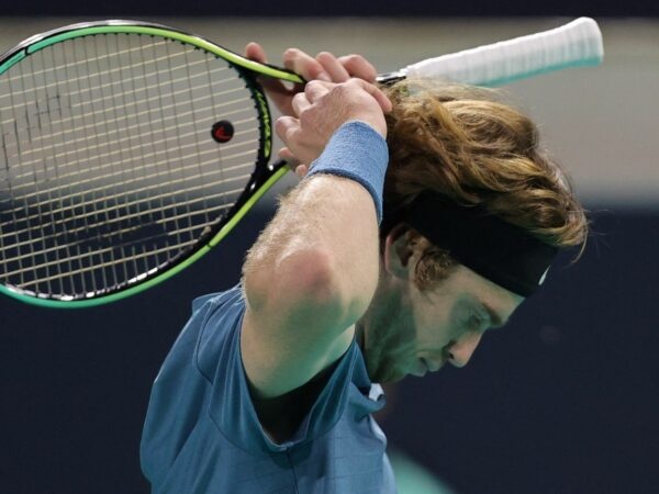 Russia's Andrey Rublev reacts during his semi final match at the Mubadala World Tennis Championship in Abu Dhabi