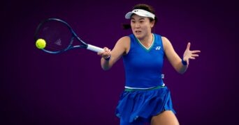 Lin Zhu of China in action during the second qualifications round of the 2021 Qatar Total Open WTA 500 tournament