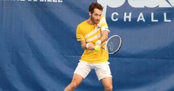 Constant Lestienne playing a backhand during a match at the Challenger of Lille 2022