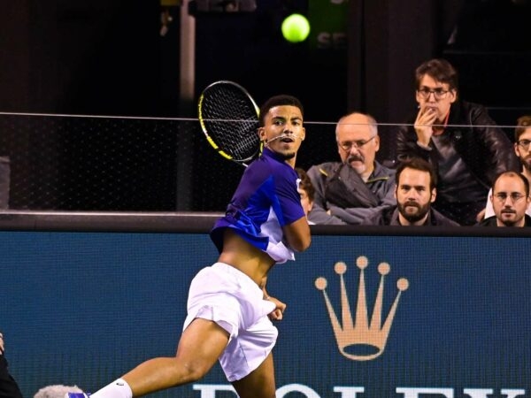 Arthur Fils hits a forehand during his match against Fabio Fognini at the quallies of Rolex Paris Masters 2022