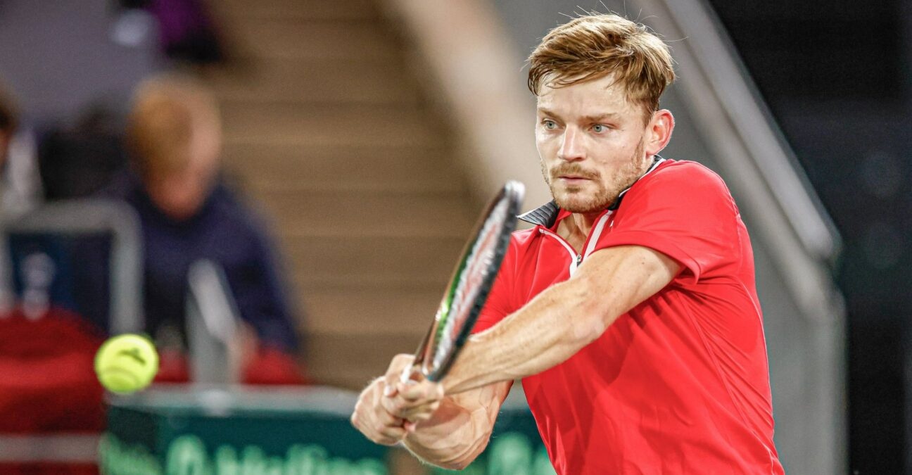 David Goffin hitting a backhand during a match vs France in Hambourg during the Davis Cup in 2022