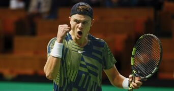 Holger Rune celebrates during the final in Stockholm against Stefanos Tsitsipas in 2022