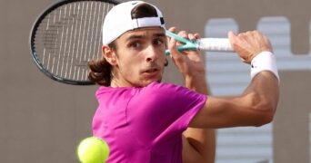 Lorenzo Musetti hits a backhand during his semi-final against Miomir Kecmanovic in Serbia