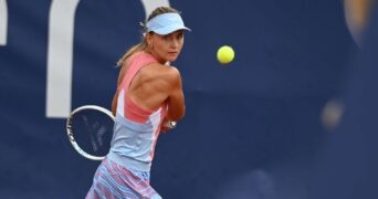 Belgium Maryna Zanevska hits a bakchand from baseline during a match in Parma in 2022 at