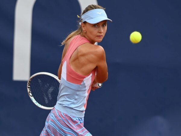 Belgium Maryna Zanevska hits a bakchand from baseline during a match in Parma in 2022 at