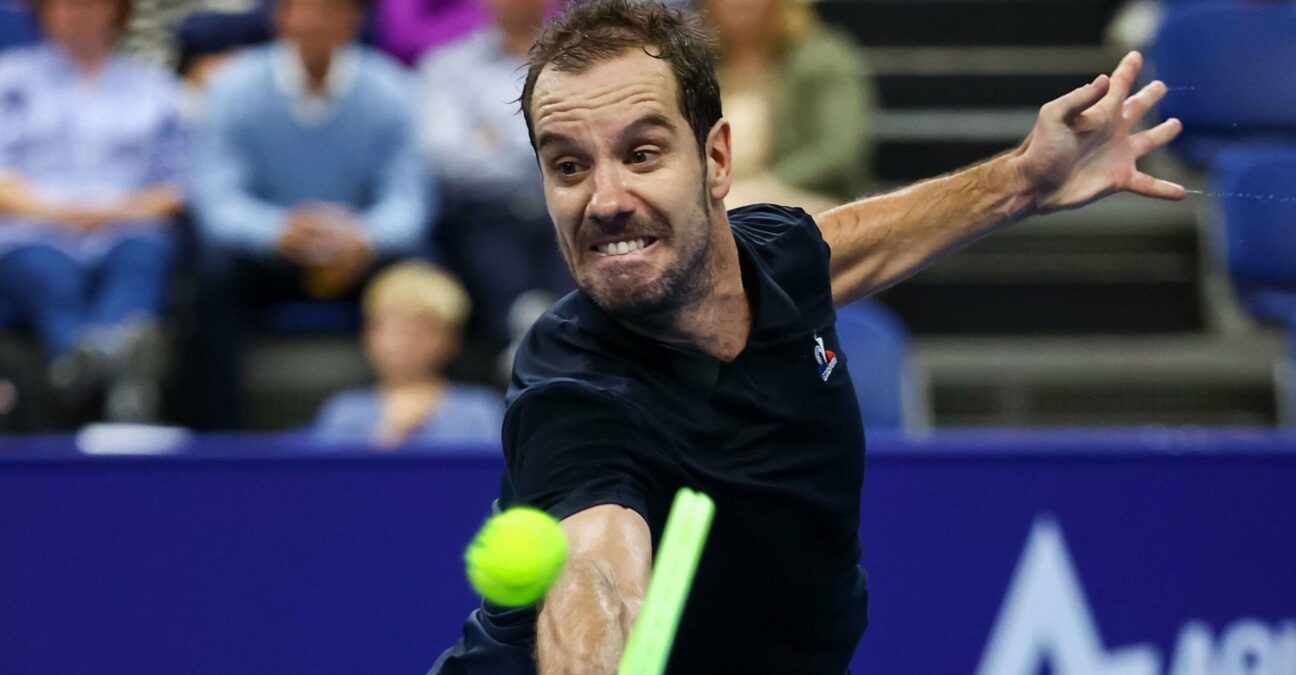 Richard Gasquet hits a backhand volley during his victory against David Goffin in Antwerp in 2022