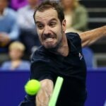 Richard Gasquet hits a backhand volley during his victory against David Goffin in Antwerp in 2022
