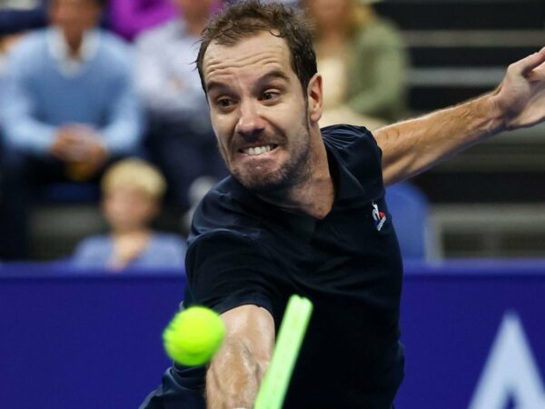 Richard Gasquet hits a backhand volley during his victory against David Goffin in Antwerp in 2022