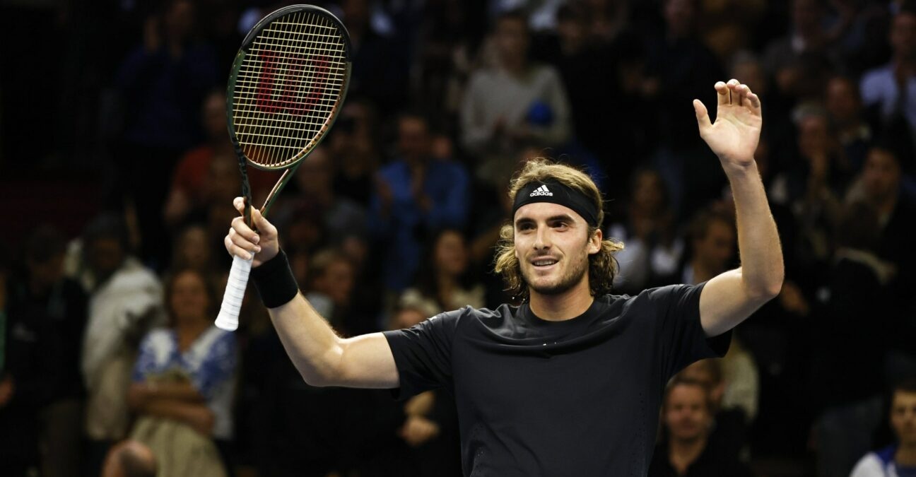 Stefanos Tsitspas is celebrating after beating Mikael Ymer in Stockholm in 2022