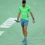 Novak Djokovic lors de sa défaite face à Luca Nardi à Indian Wells 2024
