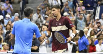 Alexei Popyrin et Novak Djokovic US Open 2024 (Chryslene Caillaud / Panoramic)